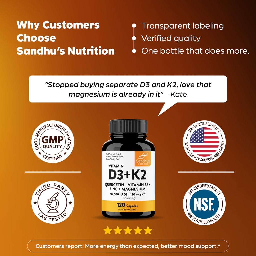 Sandhu's Vitamin D3 K2 Magnesium 10000 IU, 120mcg K2 Capsules 120 Count (Pack of 3) | with VIT B6, Zinc & Quercetin | D3K2 Supports Superior Absorption, Energy, Immune, Muscle Health for Men & Women
