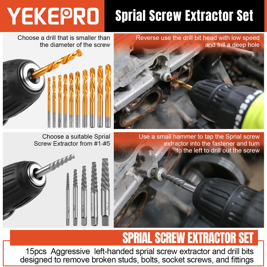 YEKEPRO 40 Pcs Bolt & Screw Extractor Set with Left Hand Cobalt Drill Bit Set, Easy Out Broken Stripped Screw Removal Tool for Damaged, Frozen, Studs, Rusted, Rounded-Off Bolts, Nuts & Screws, T15139
