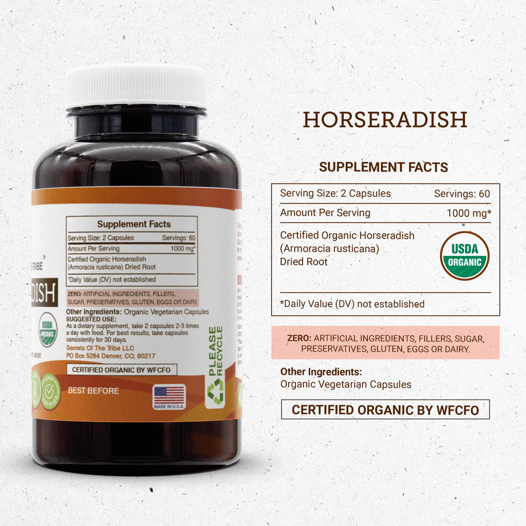 Secrets of the Tribe Horseradish USDA Organic | Made with Vegetarian Capsules and Certified Organic Horseradish (Armoracia rusticana) Dried Root (120 Capsules)