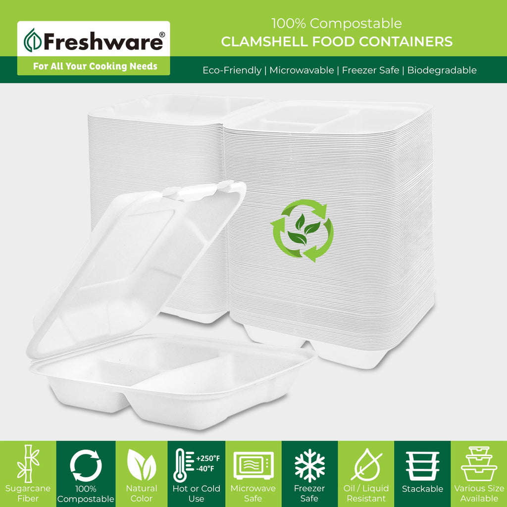 Freshware Clamshell Food Containers with Lids [9x9"] 3-Compartment 50-Pack, Disposable To Go Containers, Biodegradable Sugarcane To Go Boxes - Paper Containers - Microwave & Freezer Safe, Stackable