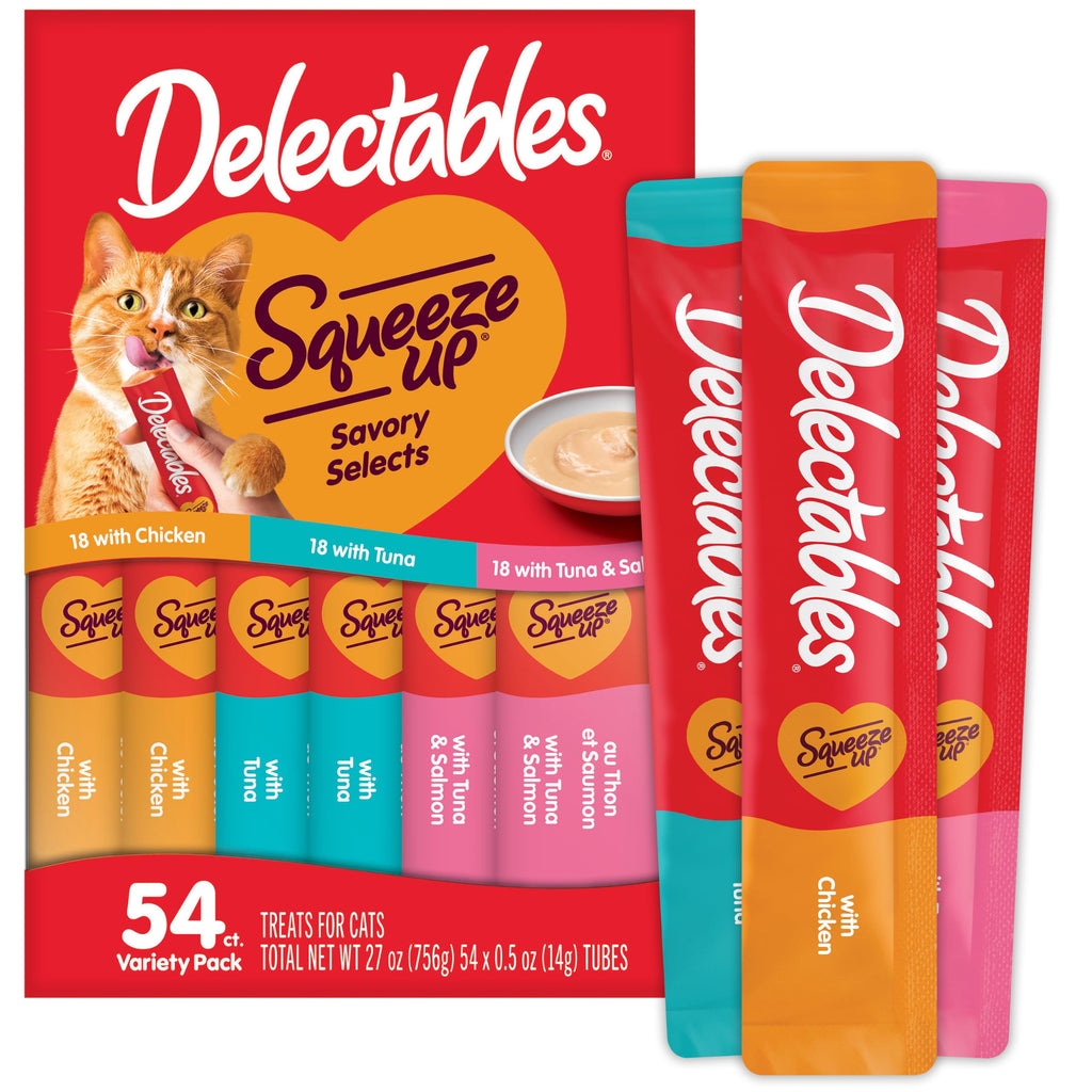 Delectables Squeeze Up Variety Pack, Creamy Squeezable Puree, Lickable Wet Cat Treats, Grain Free, No Fillers, by-Products, Preservatives, 0.5 Ounces Tube, 54 Tubes Total