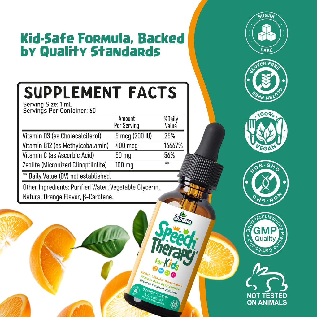 Juneno Speech Therapy Drops - Support Supplement for Kids with Communication Delay Language Brain Development Cognitive Function - Zeolite Vitamins B12 D3 C for Daily Wellness - Sugar Free Gluten-free
