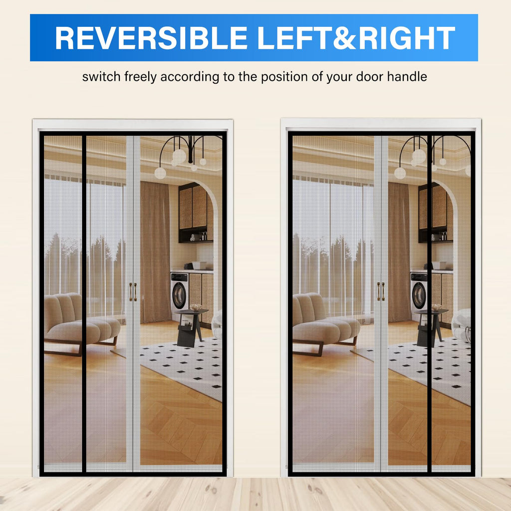 LONGEAS Magnetic Screen Door Mesh Left Right Side Opening Upgraded PET Material Mesh Stronger Than Fiberglass and Polyester,Keep Bugs Out,Pet & Kid Friendly Screen Size 74'' X 82''
