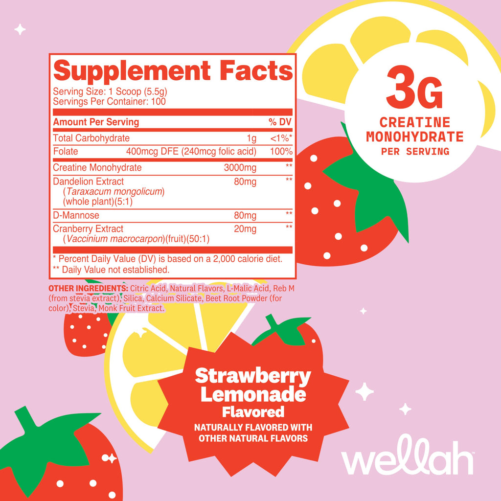 Wellah Creatine for Women - Creatine Monohydrate with Dandelion & Cranberry Extract (100 Servings, Strawberry Lemonade)