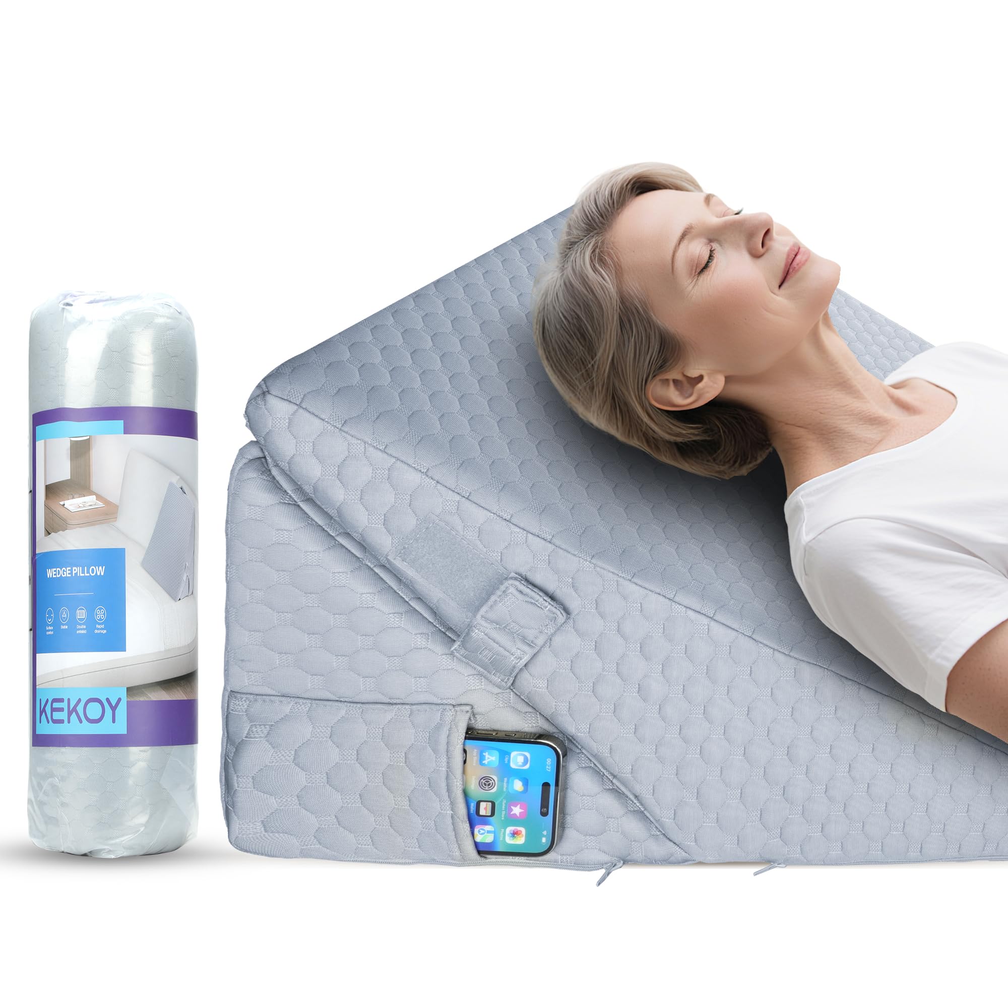 Kekoy Adjustable 9 & 12 Inch Wedge Pillow for Sleeping Apnea, Acid Reflux Relief, Back Pain, Snoring & Post Surgery Recovery, Memory Foam Bed Wedge Pillow with Removable Washable Cover & Handle-Grey