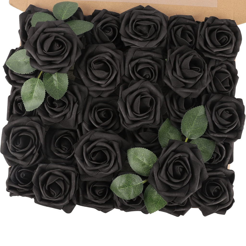 30PCS Black Artificial Flowers, Fake Roses for Halloween Decorations