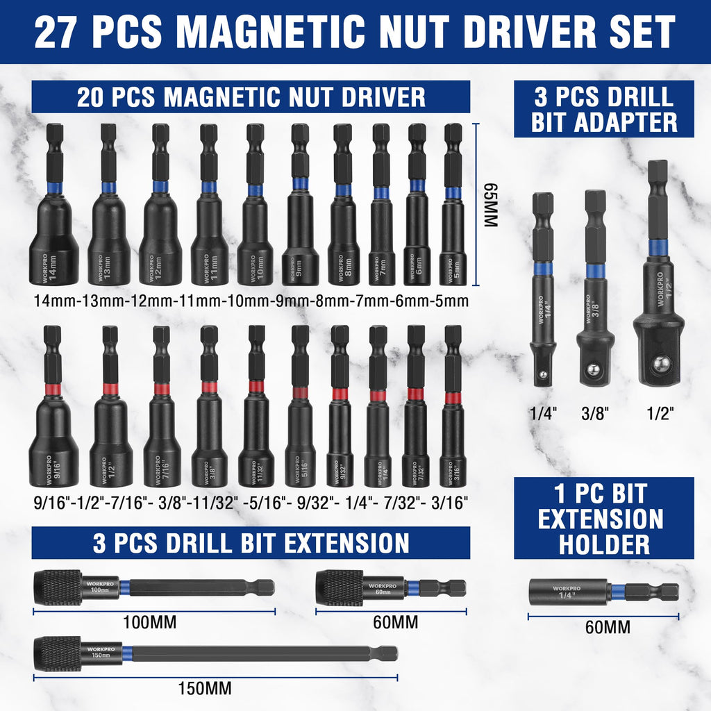 WORKPRO 27 PCS Magnetic Nut Driver Set with Quick-Release Extensions