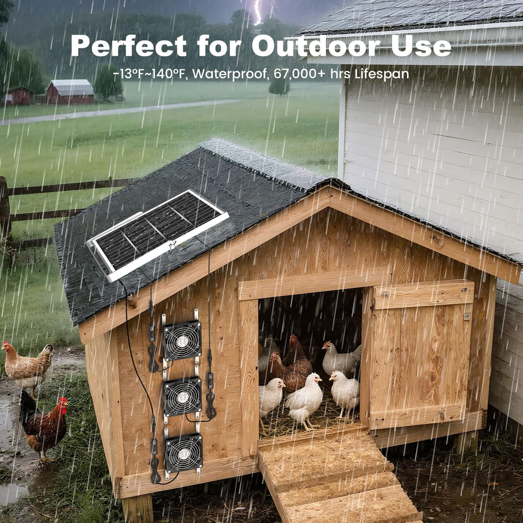 pqins New 5" Solar Chicken Coop Fan 3 Kit, 35W Solar Powered Exhaust and Intake Greenhouse Fan Outdoor Waterproof, 16.5ft Cord, Strong Airflow, for Shed Air Circulation and Ventilation, No Battery