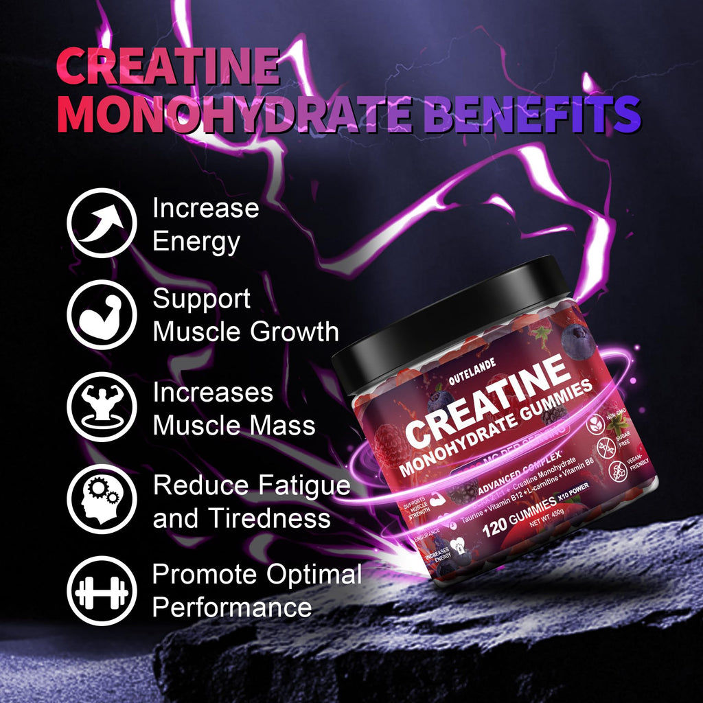 Creatine Monohydrate Gummies 8000 mg for Men & Women, Creatine Supplement for Enhanced Muscle Growth, Energy Boost - with L-Taurine, Sugar Free, Vegan, Raspberry BlackBerry Blueberry Flavor-120 Count