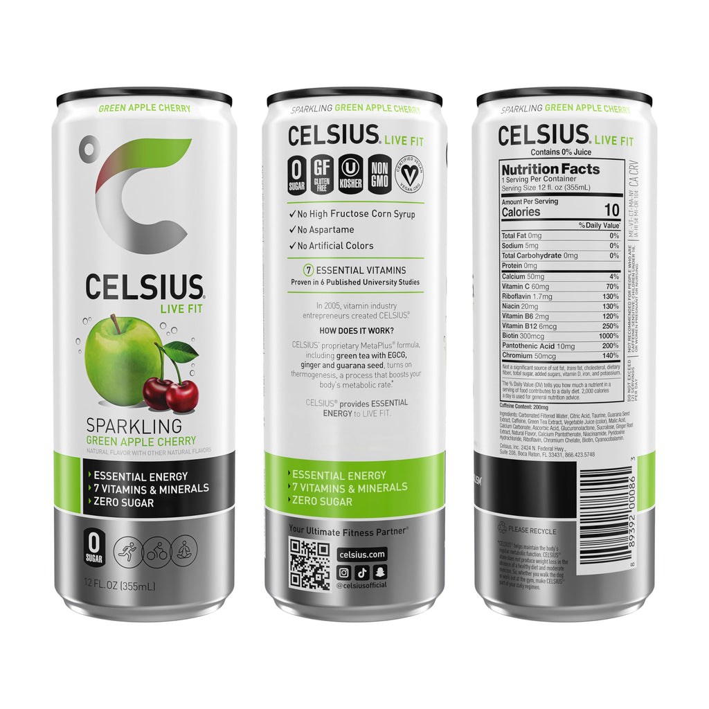CELSIUS Sparkling Green Apple Cherry, Sugar Free Energy Drink, 12 Fl Oz (Pack of 12)