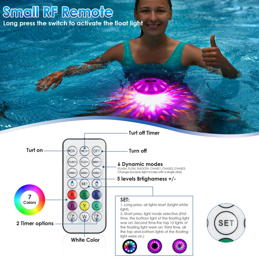 QOLNBY Floating Pool Lights(1 Pack), Rechargeable Pool Lights with 6 Dynamic Lighting Effects, Upper and Lower Color Changing Floating Light, IP68 Waterproof Lights for Pools, Hot Tubs, Fountain