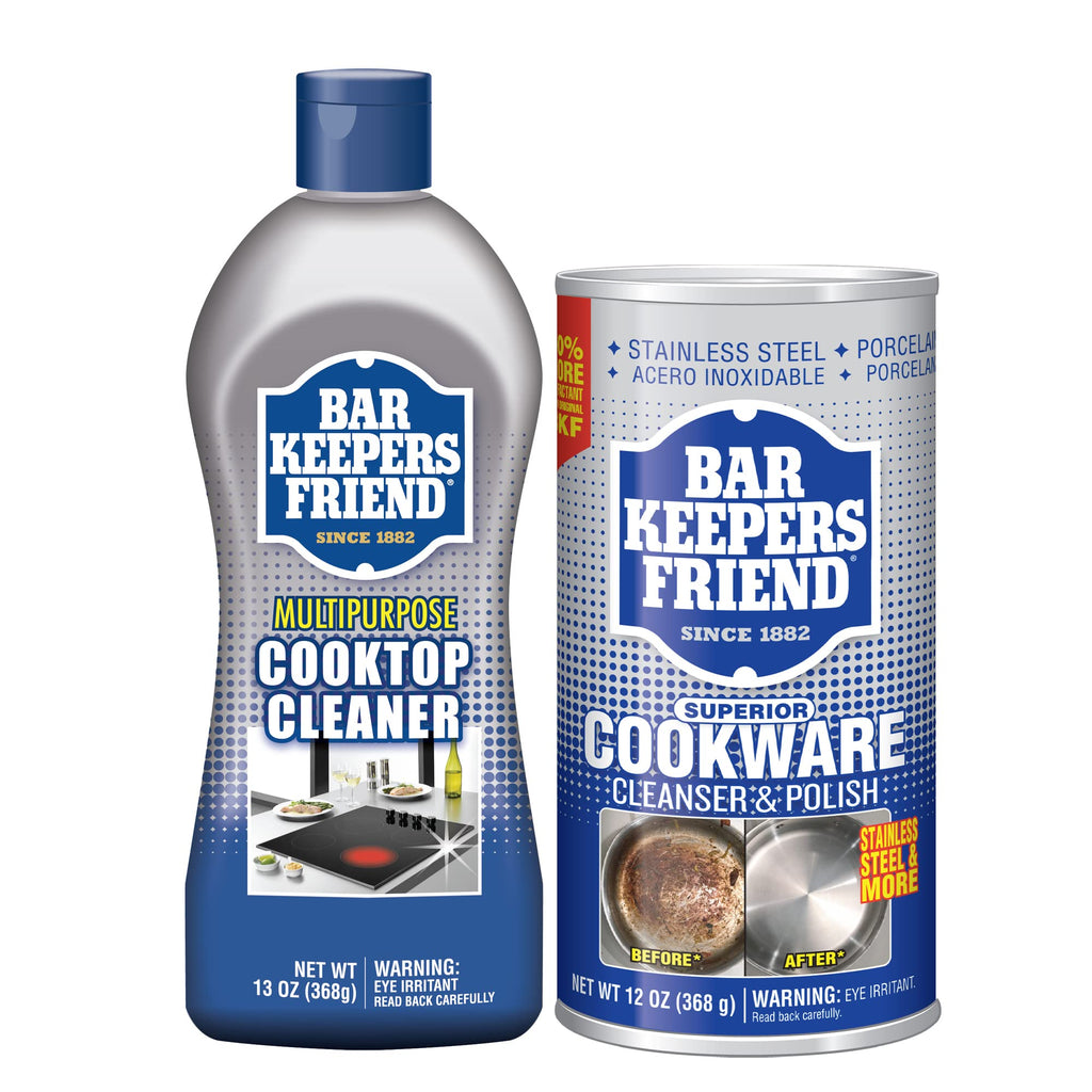 Bar Keepers Friend Cooktop Cleaner (13 oz) Multipurpose Liquid Stovetop Cleanser + Cookware Cleanser & Polish (12 oz) Stainless Steel Cleaner & Degreaser for Pots, Pans, Bakeware & Grills