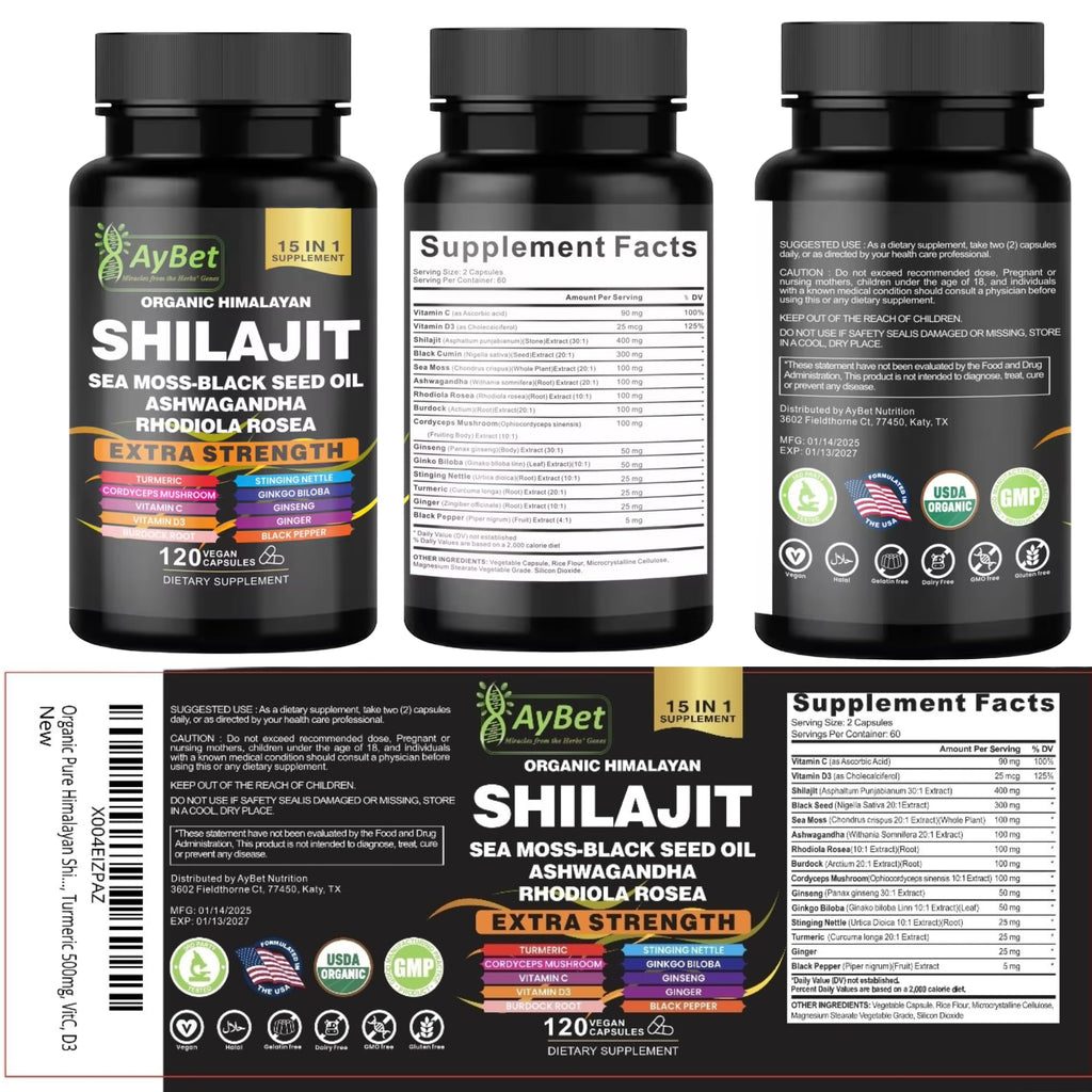 AyBet Shilajit for Men and Women-Organic Himalayan Shilajit Capsules with Sea Moss, Black Seed Oil, Ashwagandha, Rhodiola Rosea, Burdock, Cordyceps Mushroom, Ginseng, Turmeric, Ginger, 120 Capsules