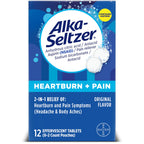 Alka-Seltzer Heartburn + Pain Effervescent Aspirin + Antacid Tablets, Fast Heartburn Relief and Acid Indigestion Relief, Pain Relief with Aspirin, 12 Ct