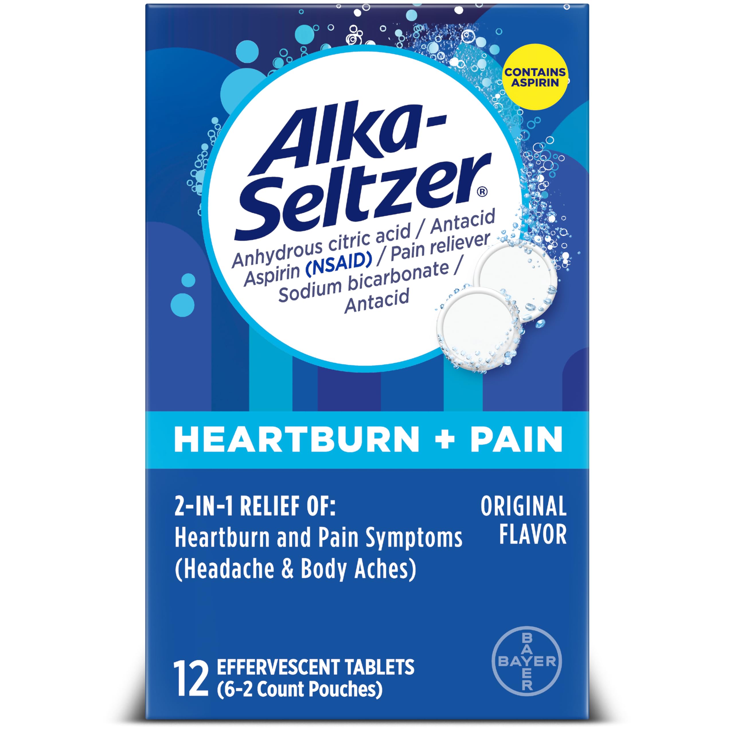 Alka-Seltzer Heartburn + Pain Effervescent Aspirin + Antacid Tablets, Fast Heartburn Relief and Acid Indigestion Relief, Pain Relief with Aspirin, 12 Ct