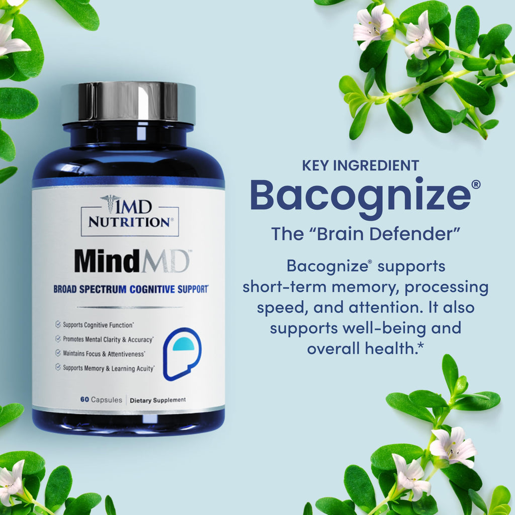 1MD Nutrition MindMD - Brain Supplement for Memory and Focus - Bacopa Monnieri for Nootropic Brain Support - Brain Health Supplement for Adults - with Vitamin B6 & Green Tea Extract - 60 Caps