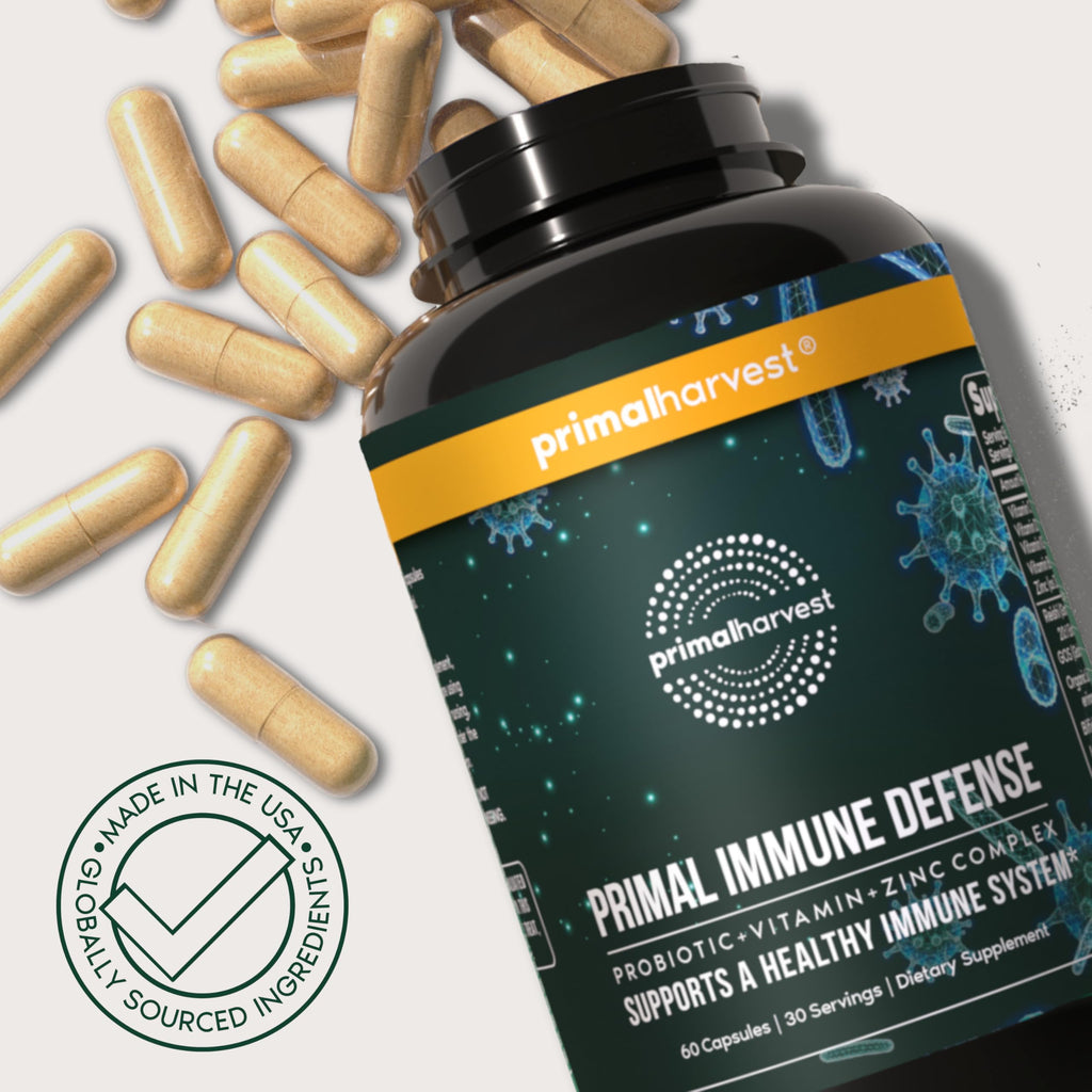 Primal Harvest Primal Immune Defense 10 in 1 Immune Support Supplement - 60 Capsules Immune Vitamins, with 7 Billion CFU Pre and Probiotics, Zinc, VIT C, B6, D3, K2