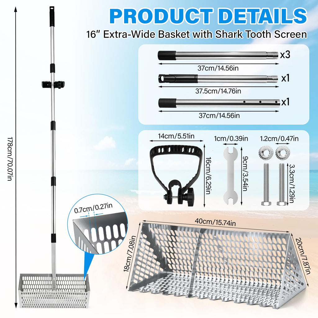 MENGBEI Sand Flea Rake, Beach Treasure Rake Stainless Steel – 16" Wide Stainless Steel Sand Sifter for Shark Teeth, Shells & Sand Crabs, Collapsible Design with Drain Screen