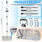 MENGBEI Sand Flea Rake, Beach Treasure Rake Stainless Steel – 16" Wide Stainless Steel Sand Sifter for Shark Teeth, Shells & Sand Crabs, Collapsible Design with Drain Screen