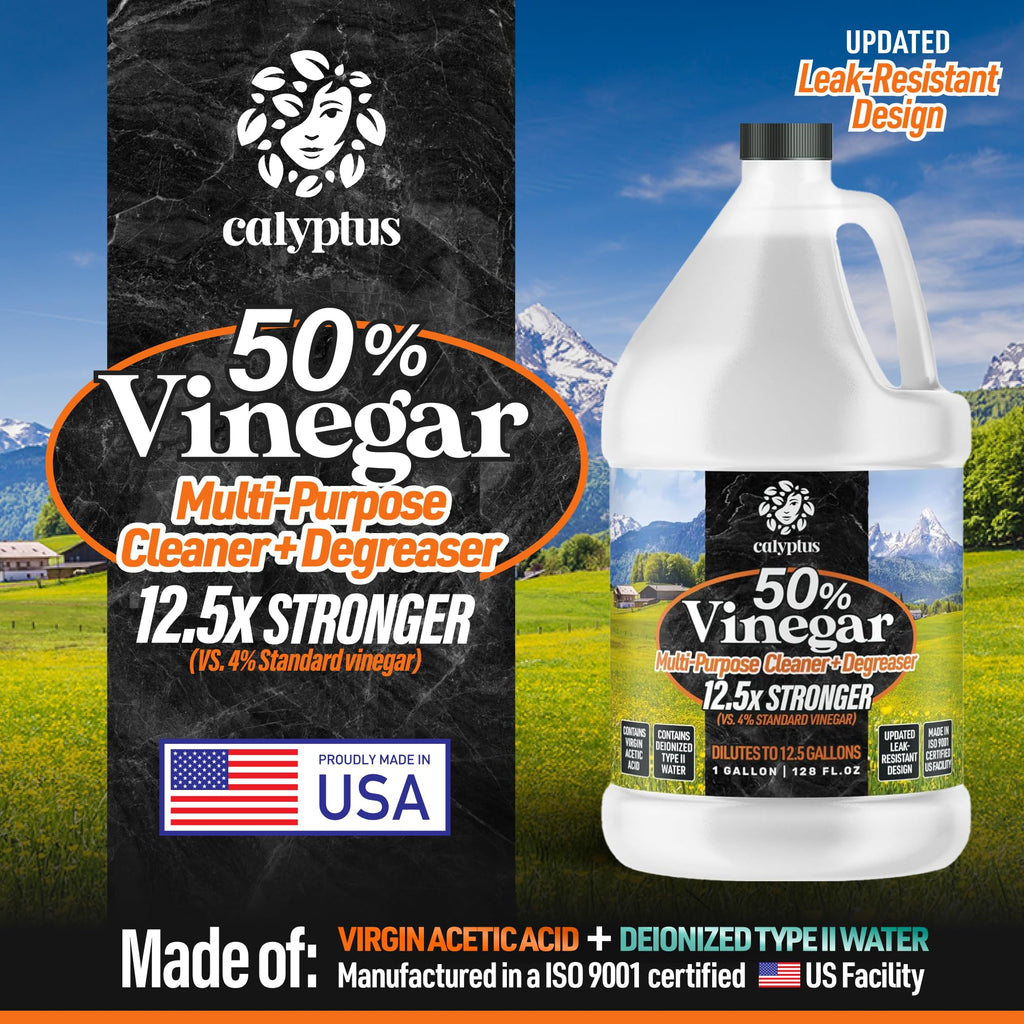 Calyptus 50% Pure Concentrated Vinegar | Maximum-Performance (12.5X) Power | Technical Grade | Dilutes Easily to 5% Acidity (1.5 Cups per Gallon) | Home and Outdoor Cleaning Concentrate | 2 Gallon