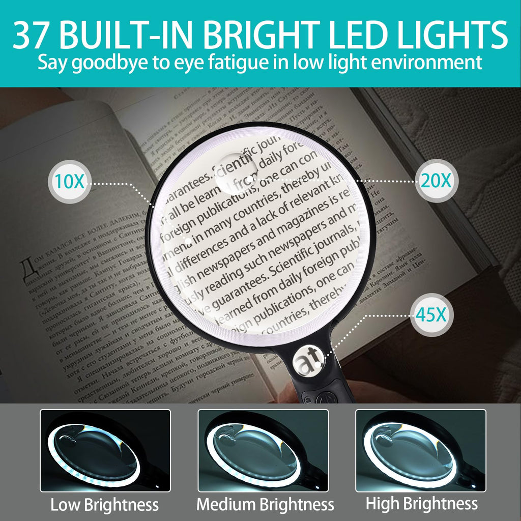 Large Magnifying Glass with 37 LED Light and Case, 10X 20X 45X Handheld Illuminated Lighted Magnifier with 3 Light Modes Rechargeable Magnifying Glass for Seniors Reading, Inspection (White & Black)