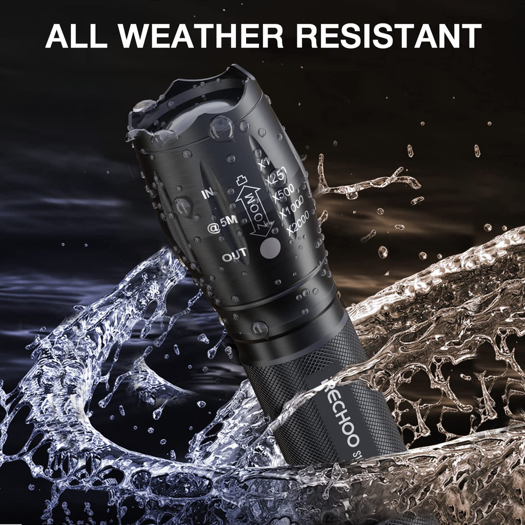 RECHOO Tactical Flashlight 4 Pack, Bright Zoomable LED Flashlight with High Lumens and 5 Modes, Waterproof Portable Pocket Flash Light for Emergency, Camping, and Outdoor Use - S1500