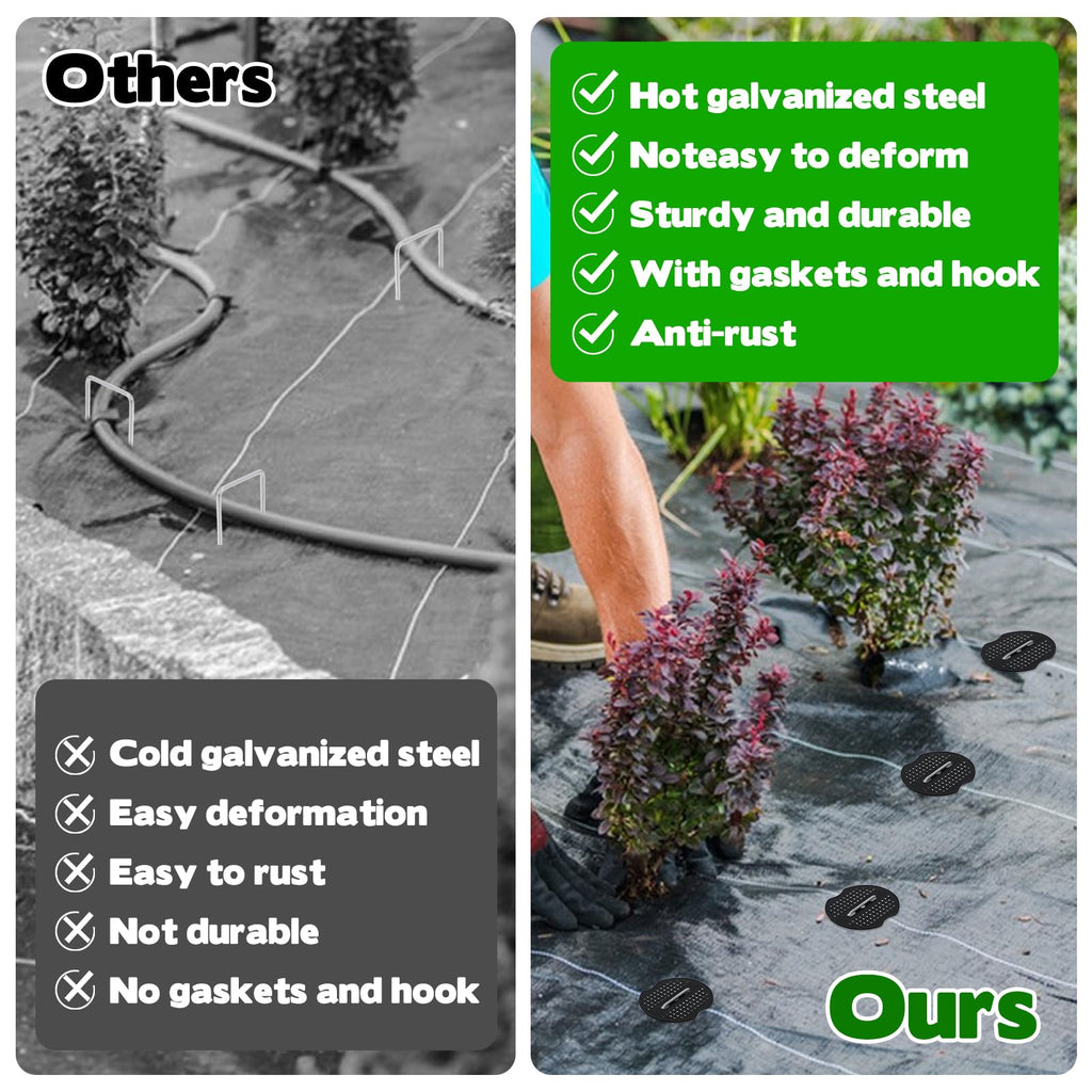 250 Packs Garden Stakes Staples 6 inch Landscape Fabric Pins Lawn 150Pcs U Shaped Galvanized Staples Ground Stakes Landscaping Pins and Plastic Fixing Gasket for Irrigation Hoses Plant Cover