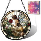 Birthday Gifts for Women - Butterfly Flower Fairy Faux Stained Glass Window Hanging Sun Catcher for Door Garden Acrylic Home Decor Mother's Day for Mom Nana Friend Grandma Wife 6.3"