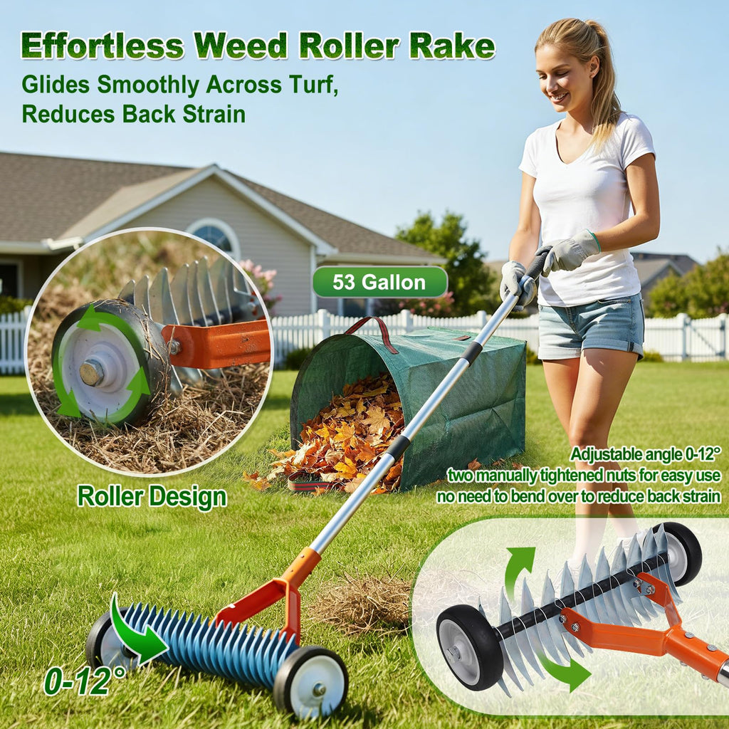 Wheeled Dethatching Rake for Lawn - 15" Heavy Duty Stainless Steel