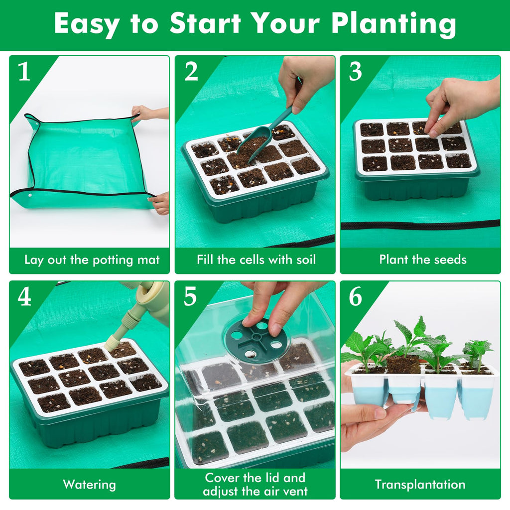 Hanaoyo Reusable Seed Starter Tray with 72 Soft Silicone Cells, 6 Pack Seed Starter Kit with Repotting Mat, Humidity Dome and High Lid, Germination Trays for Indoor Greenhouse Seed Starter