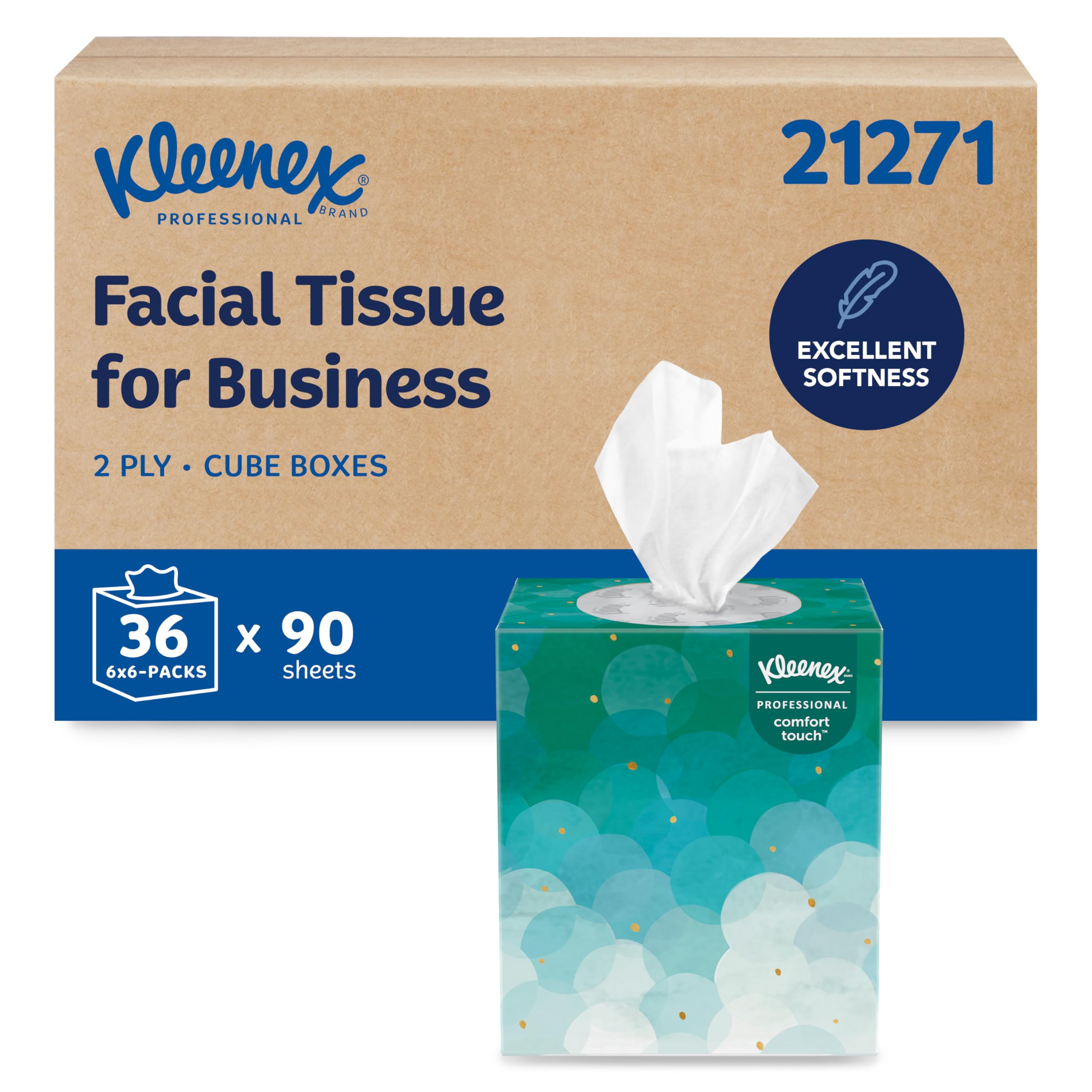 Kleenex® Professional Facial Tissue, Bulk (21271), 2-Ply, White, Upright Cube Boxed Format, Designed for Business (90 Tissues/Box, 6 Bundles of 6 Boxes, 3,240 Sheets/Case)