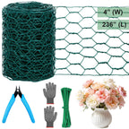Floral Chicken Mesh for Craft, 4 x 236 Inch Galvanized Hexagonal Netting Roll, Lightweight Garden Poultry Fence for Coop & Rabbit, Metal Mesh Kit with Gloves, Ties and Plier