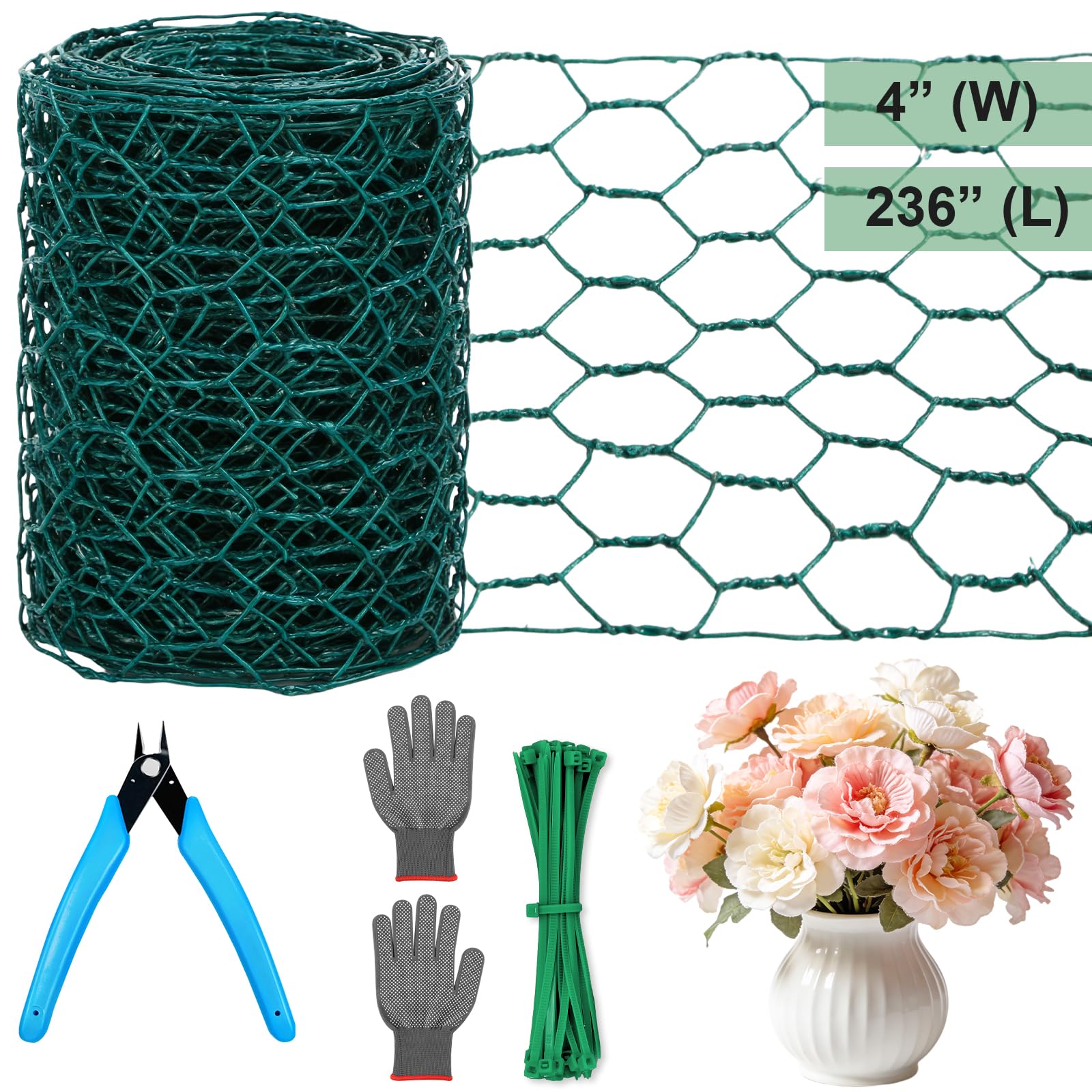Floral Chicken Mesh for Craft, 4 x 236 Inch Galvanized Hexagonal Netting Roll, Lightweight Garden Poultry Fence for Coop & Rabbit, Metal Mesh Kit with Gloves, Ties and Plier