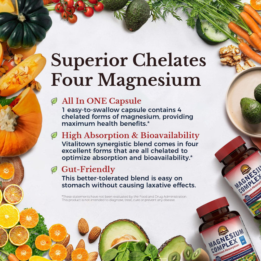 Vitalitown Magnesium Complex Supplement 500mg - NSF Certified Magnesium Glycinate, Malate, Taurate & Citrate - Chelated High Absorption & Gentle on Stomach - Vegan Non-GMO 2 Packs 240 Capsules