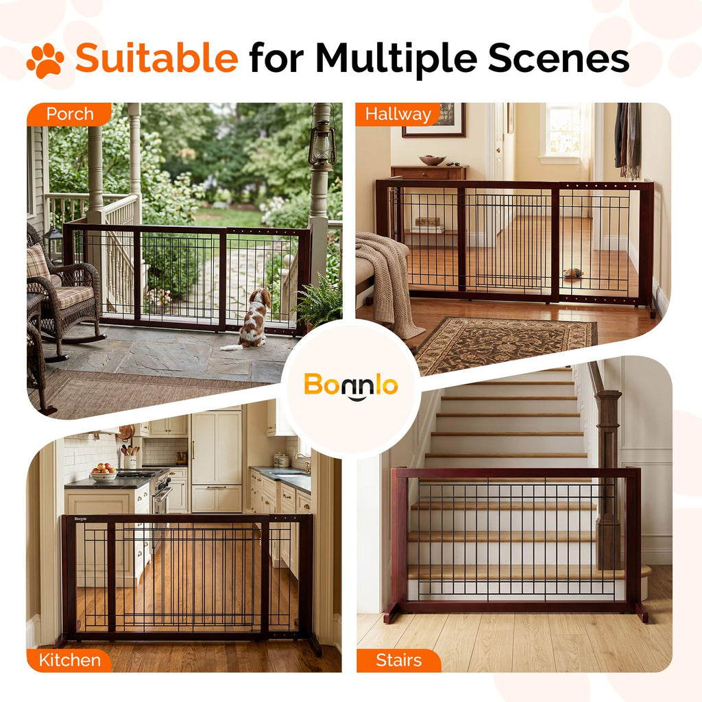 Bonnlo Free Standing Dog Gate, 39" - 68" Wide Pet Gate for Fireplace Stairs Doorways, Wooden Adjustable Pet Fence Indoor, Christmas Tree Gate (Cherry)