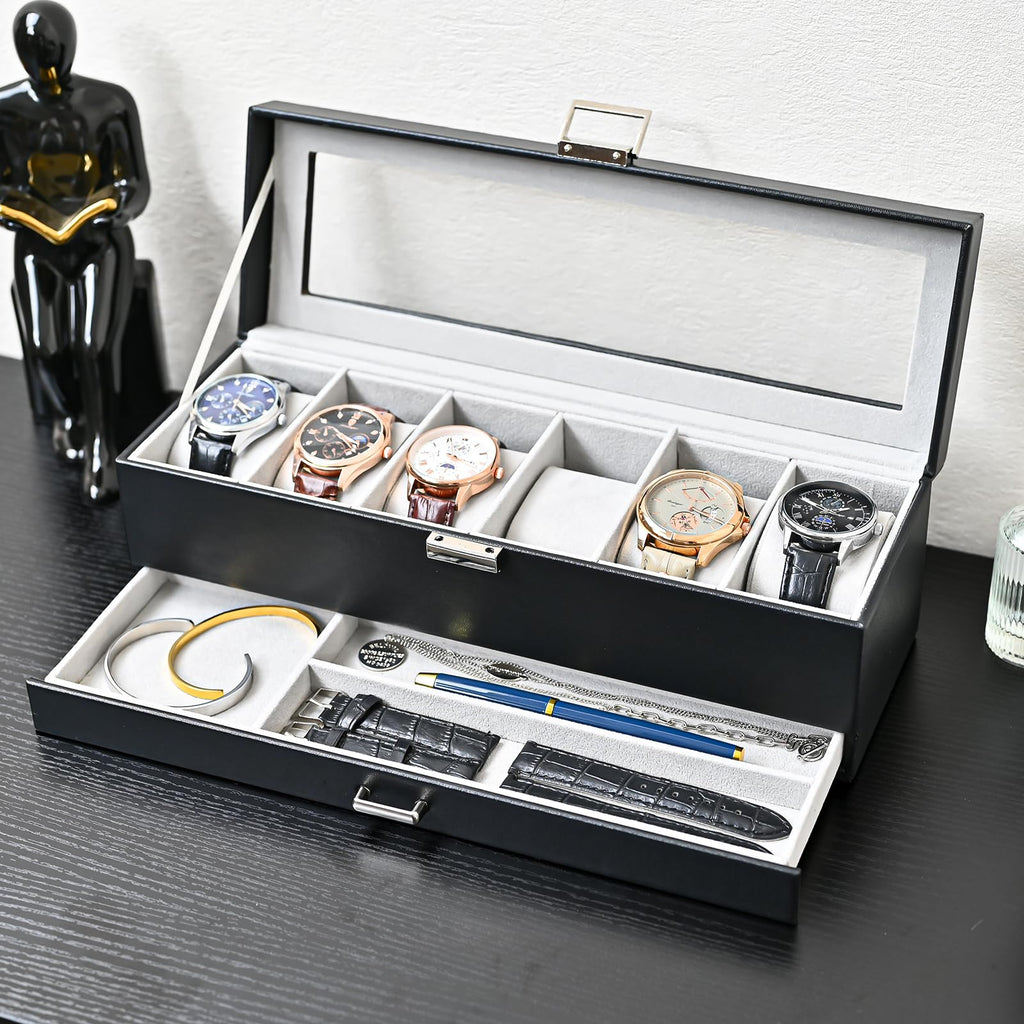ProCase Watch Box, 6 Slot Watch Display Case with Drawer -Black