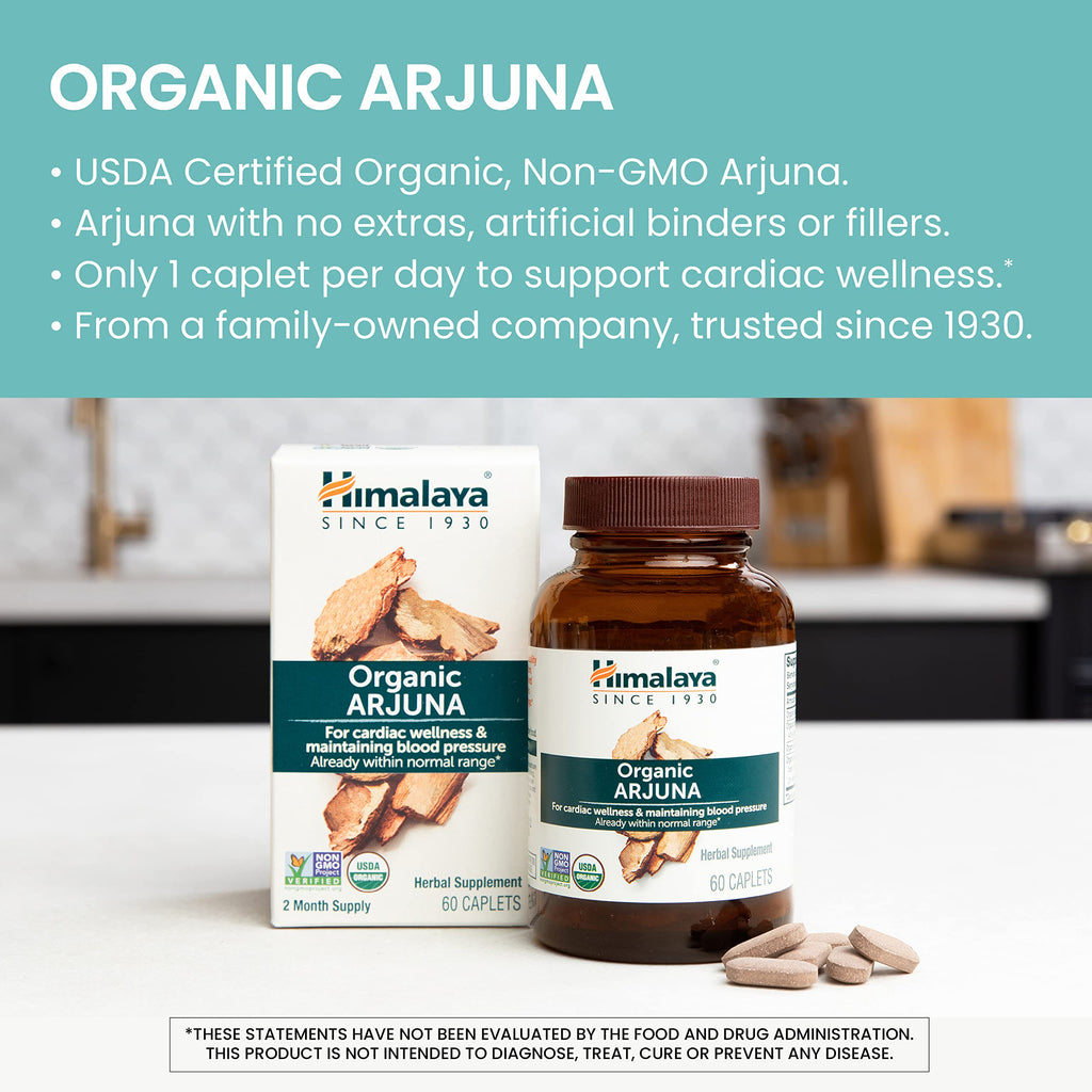 Himalaya Organic Arjuna, 60 Day Supply - Herbal Supplement Supporting Heart Health and Normal Blood Pressure - USDA Organic, Vegan, Non-GMO, Gluten Free, 700 mg, 60 Caplets