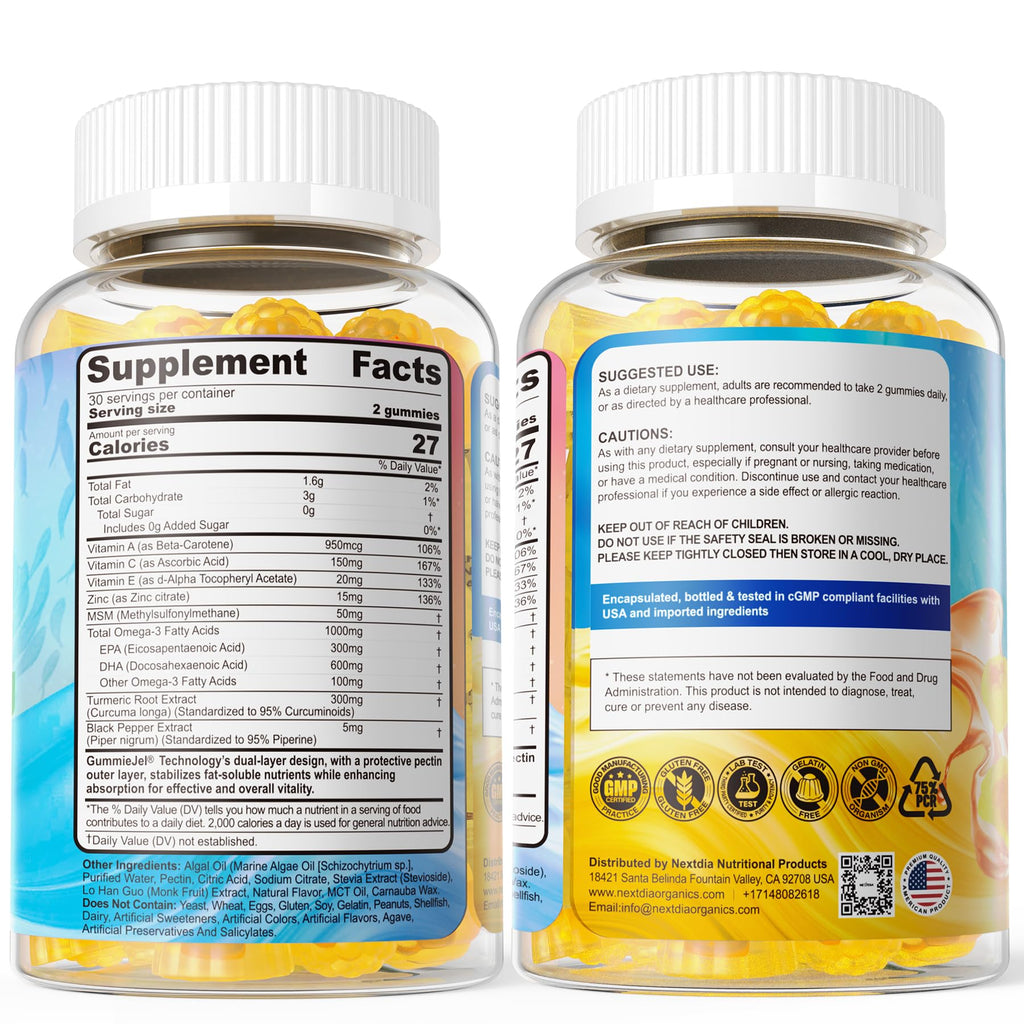Vegan Omega-3 Gummies 1000mg + Turmeric - Omega 3 Fish Oil Alternative for Adults - Algae DHA 600mg & EPA 300mg, Vitamins A, C, E, Zinc & MSM, Sugar Free, 120 Cts