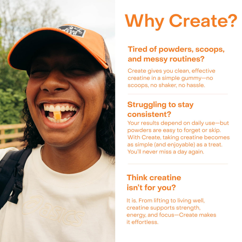 Create Creatine Monohydrate Gummies for Men & Women, Boost Focus, Strength, and Endurance, Anti-Melting Formula, Vegan, Gluten-Free, Non-GMO, 1.5g of Creatine per Gummy (Orange)