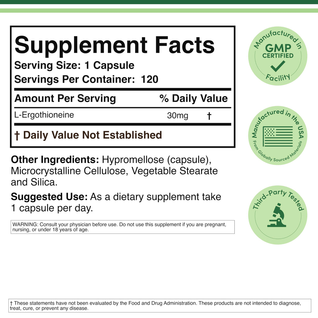 Ergothioneine Supplement (EGT) 30mg of Pure, Plant-Based L-Ergothioneine Per Capsule, 120 Count Non-GMO, Gluten Free, Vegan Safe by Double Wood