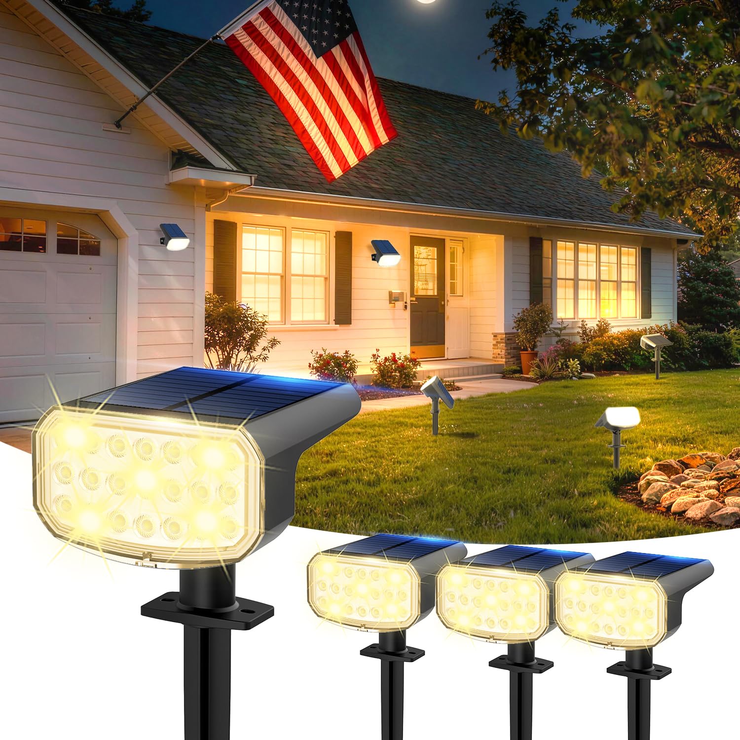JEJOT Solar Lights Outdoor Waterproof IP65, Super Bright LED with Lens, 3000K 2 Lighting Modes, Solar Powered Yard Garden Solar Spot Lights for Outside Landscape Auto On/Off -4 Pack