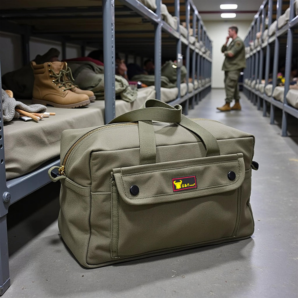G & F PRODUCTS Waxed Canvas Military Duffle Bag, Water-Resistant, Adjustable Strap, Double Zipper, Heavy-Duty, Fully Lined, Tool Organizer, Durable Utility Bag for Contractors & Homeowners
