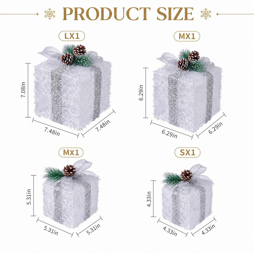 Set of 4 Christmas Lighted Gift Boxes, Battery Operated Xmas Decor