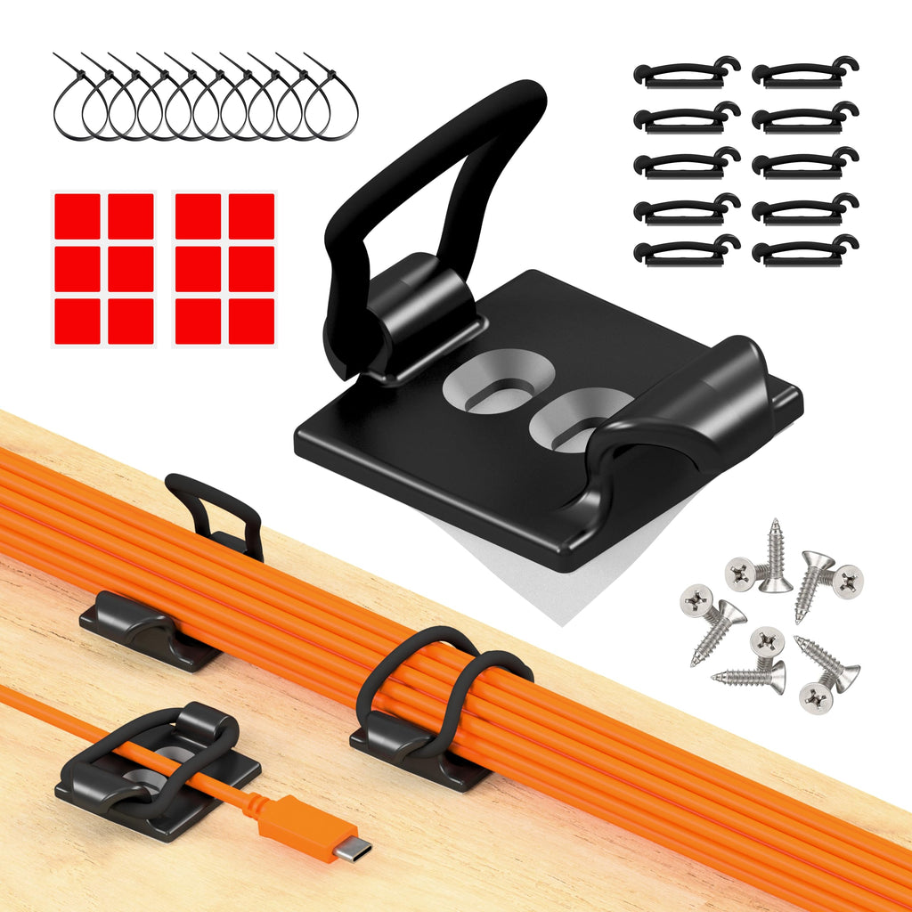 CableGenie [Made in the UK] 10-Pack Adjustable Elastic Adhesive Cable Clips, Wire Management Holder, Cord Organizer for Home Office, Under Desk, Behind TV, Phone Charger, Laptop, PC, HDMI, USB (Black)
