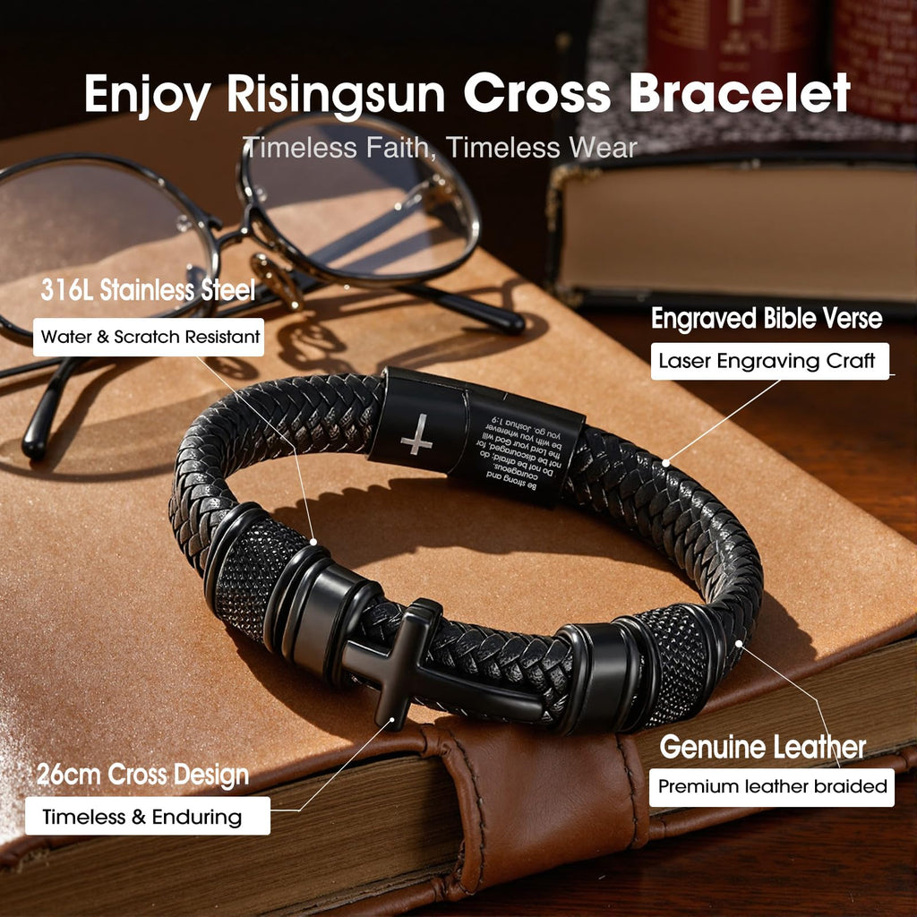 Enjoy Risingsun Mens Christian Bracelet, Cross Bracelet for Men, Gifts for Husband Dad Boyfriend Son, Engraved Bible Verse Jewelry, Stainless Steel Cross, Black Braided Leather Bracelets (Joshua 1:9)