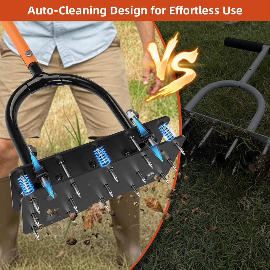 GAINO Manual Lawn Aerator Tool with 15 Spikes, 32"-35" Adjustable T-Handle Aerator for Lawn, Automatic Dirt Ejection Design, Heavy Duty Yard Grass Aerator for Soil Compaction, Black & Orange