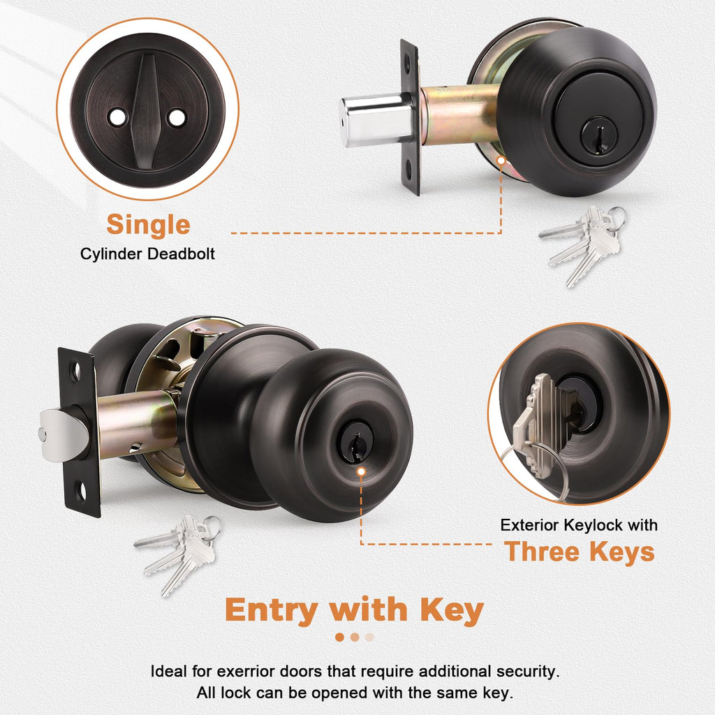Probrico Entry Door Knob Keyed Alike with Single Cylinder Deadbolt Combination, Oil-Rubbed Bronze, 5 Pack