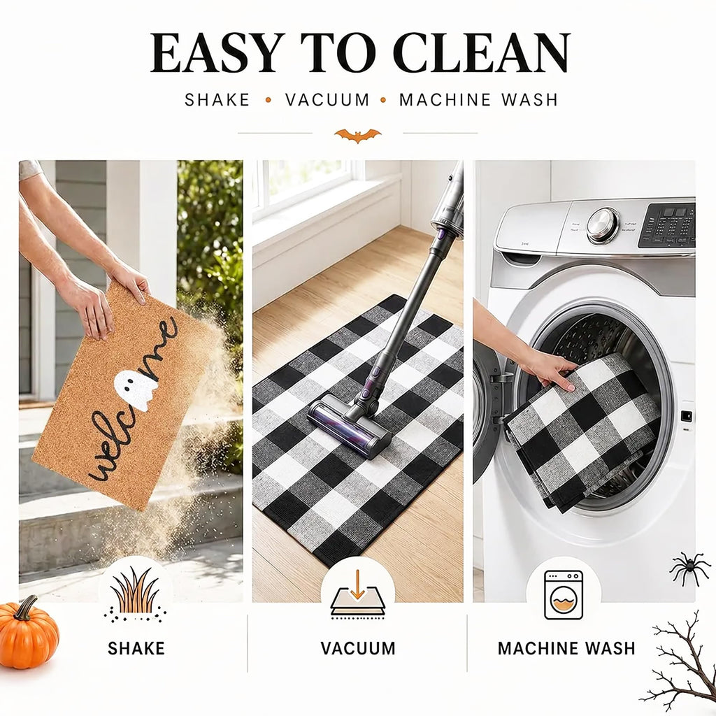 Halloween Door Mat Combo Set, Welcome Ghost Coco Coir Welcome Doormat + 28" x 43" Black and White Plaid Rug, Autumn Halloween Front Porch Entryway Decor Floor Mat