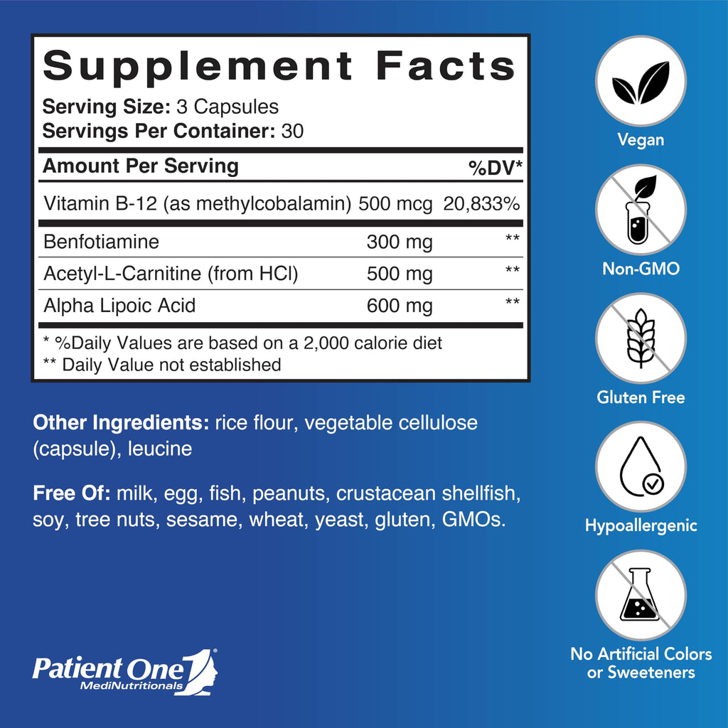 Patient One NerveCare | Supplement to Support Nerve and Vascular Health* | With Alpha Lipoic Acid, Vitamin B12, ALC and Benfotiamine | 90 Capsules