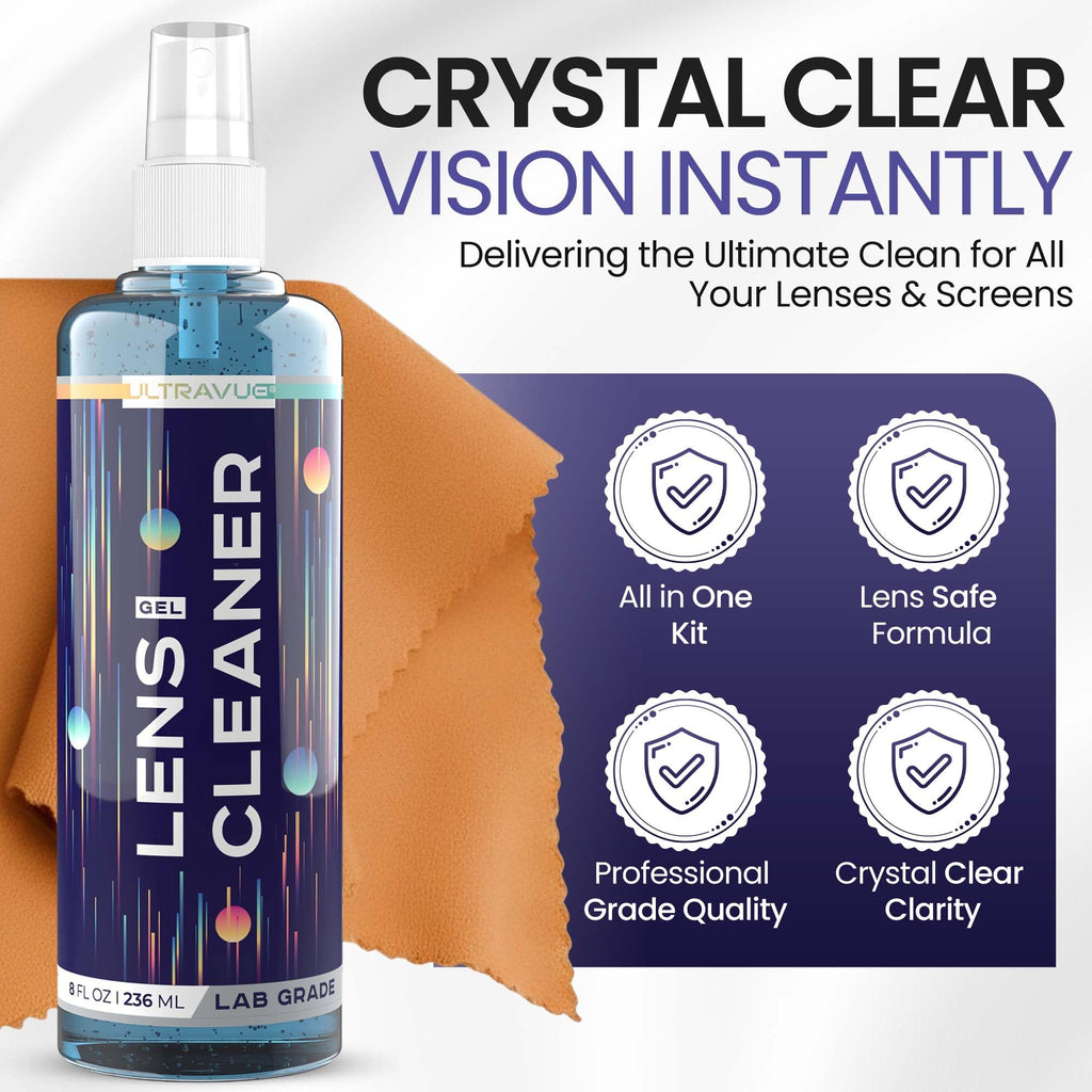 ULTRAVUE Eyeglass Gel Lens Cleaner Spray Kit - 2 x 8oz and 1 x 2oz Gel Eyeglasses Cleaner Spray Bottle + 2 Microfiber Cloth for Cleaning - Safe for All Lenses (AR Coated Included)